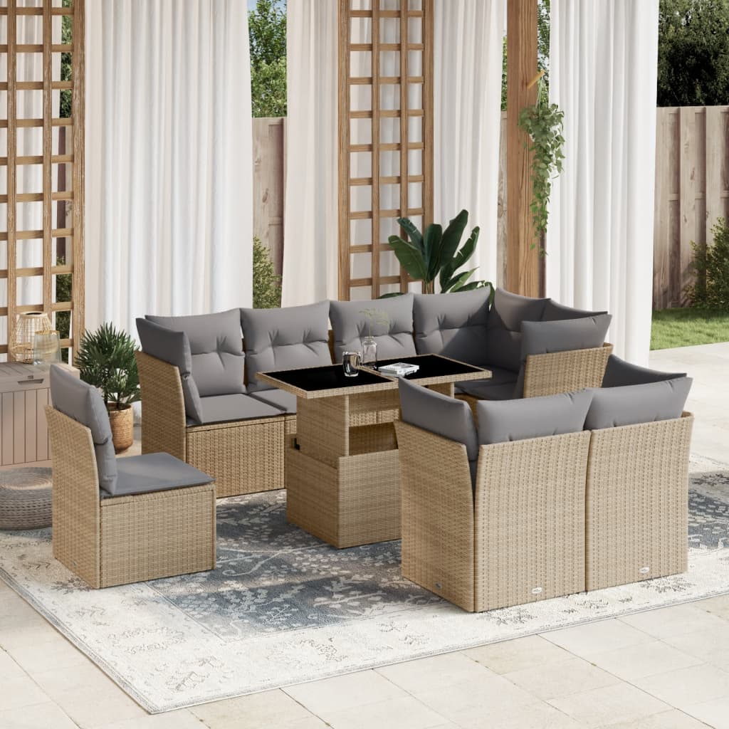 Set canapele de gradina, 9 piese, cu perne, bej, poliratan — imaginea 2