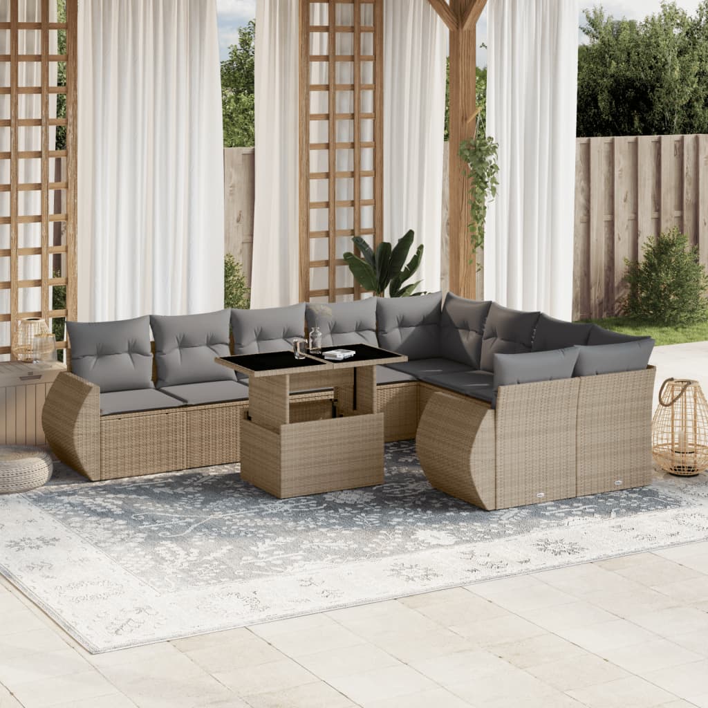 Set canapele de gradina cu perne, 10 piese, bej, poliratan — imaginea 2