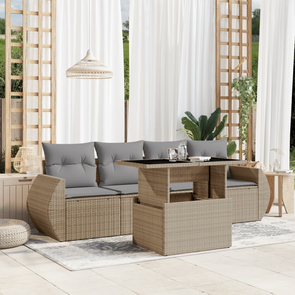 Set canapele de gradina cu perne, 5 piese, bej, poliratan — imaginea 2