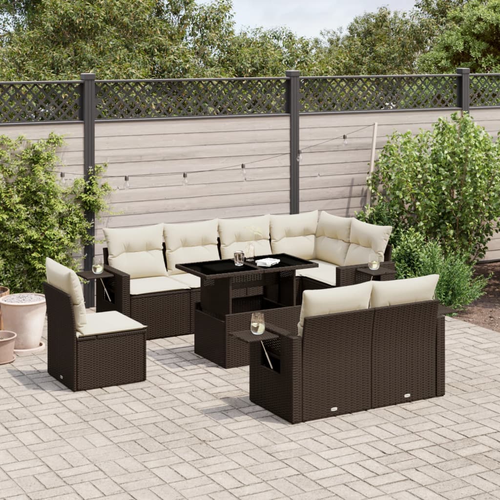 Set canapele de gradina cu perne, 9 piese, maro, poliratan — imaginea 2