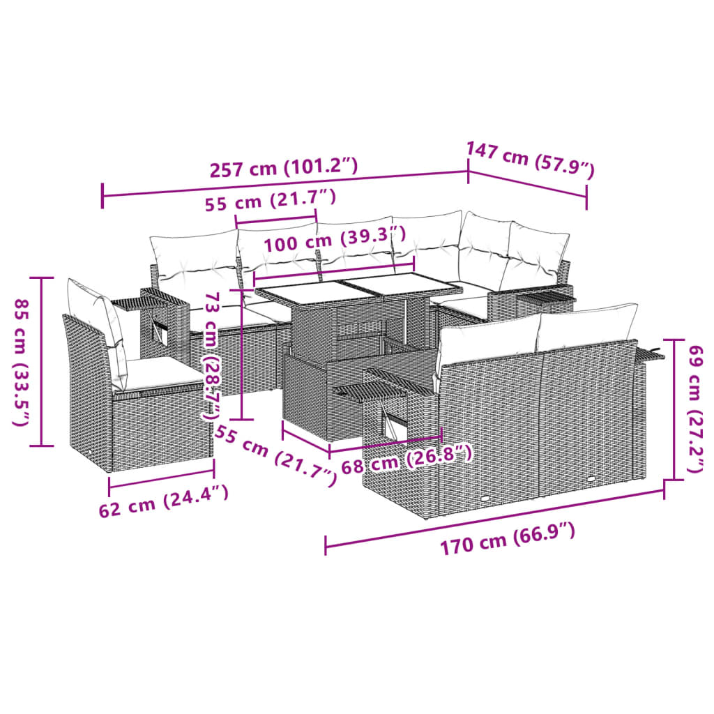Set canapele de gradina cu perne, 9 piese, maro, poliratan — imaginea 11