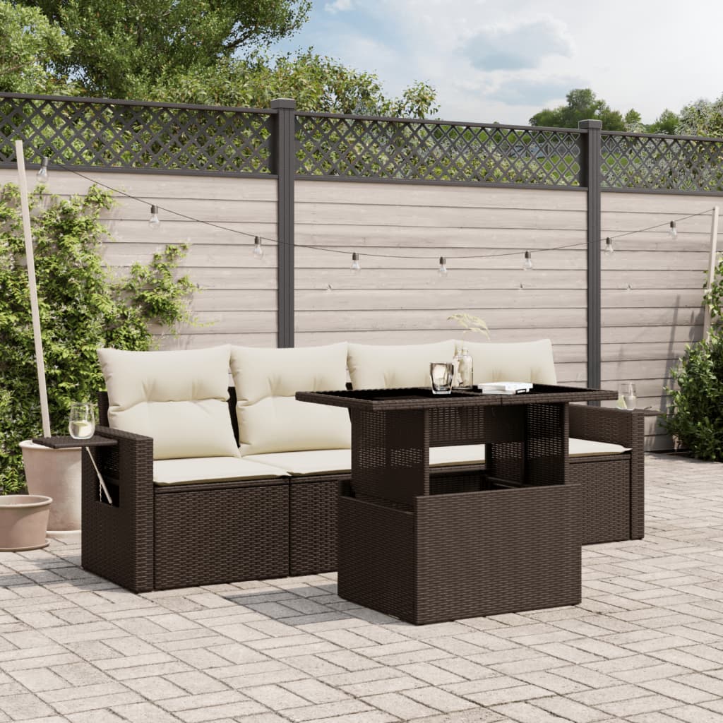 Set canapele de gradina cu perne, 5 piese, maro, poliratan — imaginea 2