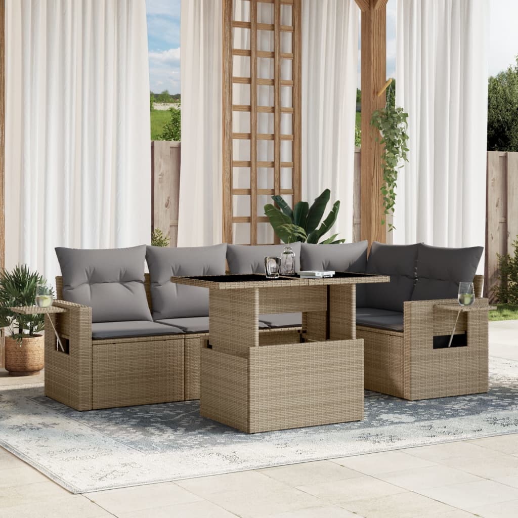 Set canapele de gradina cu perne, 6 piese, bej, poliratan — imaginea 2
