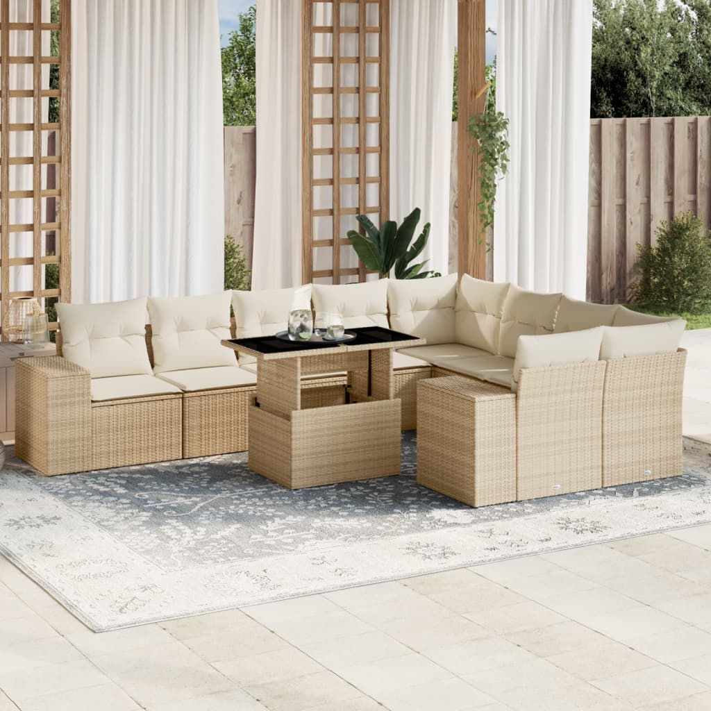 Set canapele de gradina cu perne, 10 piese, bej, poliratan — imaginea 2