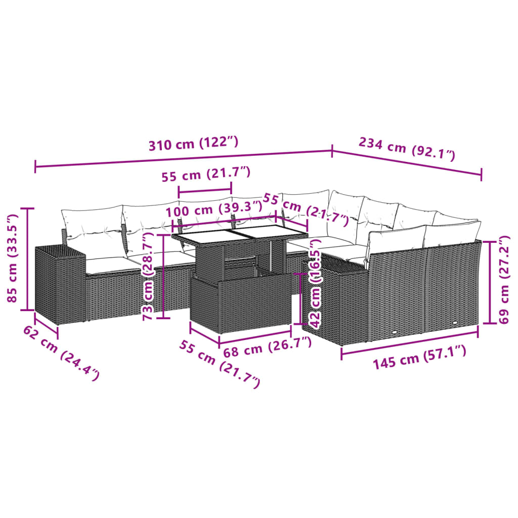 Set canapele de gradina cu perne, 10 piese, bej, poliratan — imaginea 10