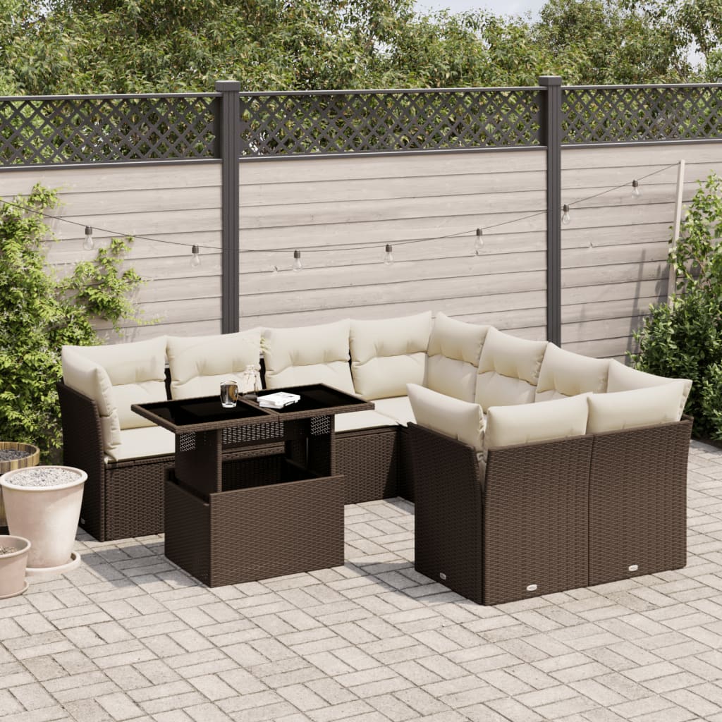 Set canapele de gradina cu perne, 9 piese, maro, poliratan — imaginea 2