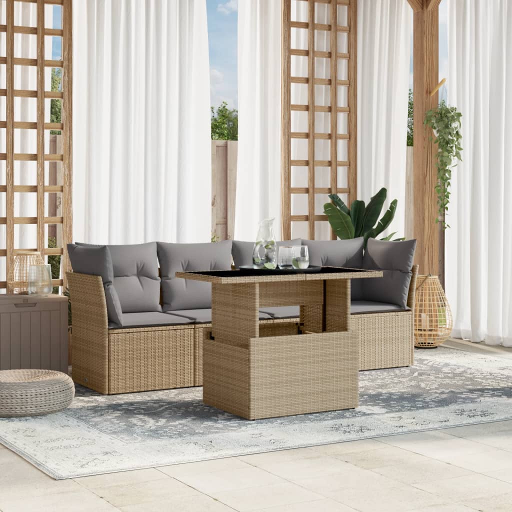 Set canapele de gradina cu perne, 5 piese, bej, poliratan — imaginea 2