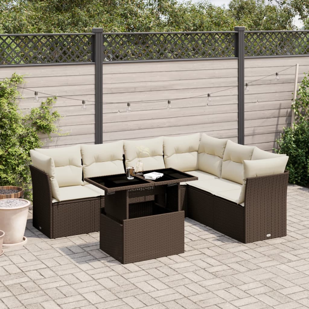 Set canapele de gradina cu perne, 7 piese, maro, poliratan — imaginea 2