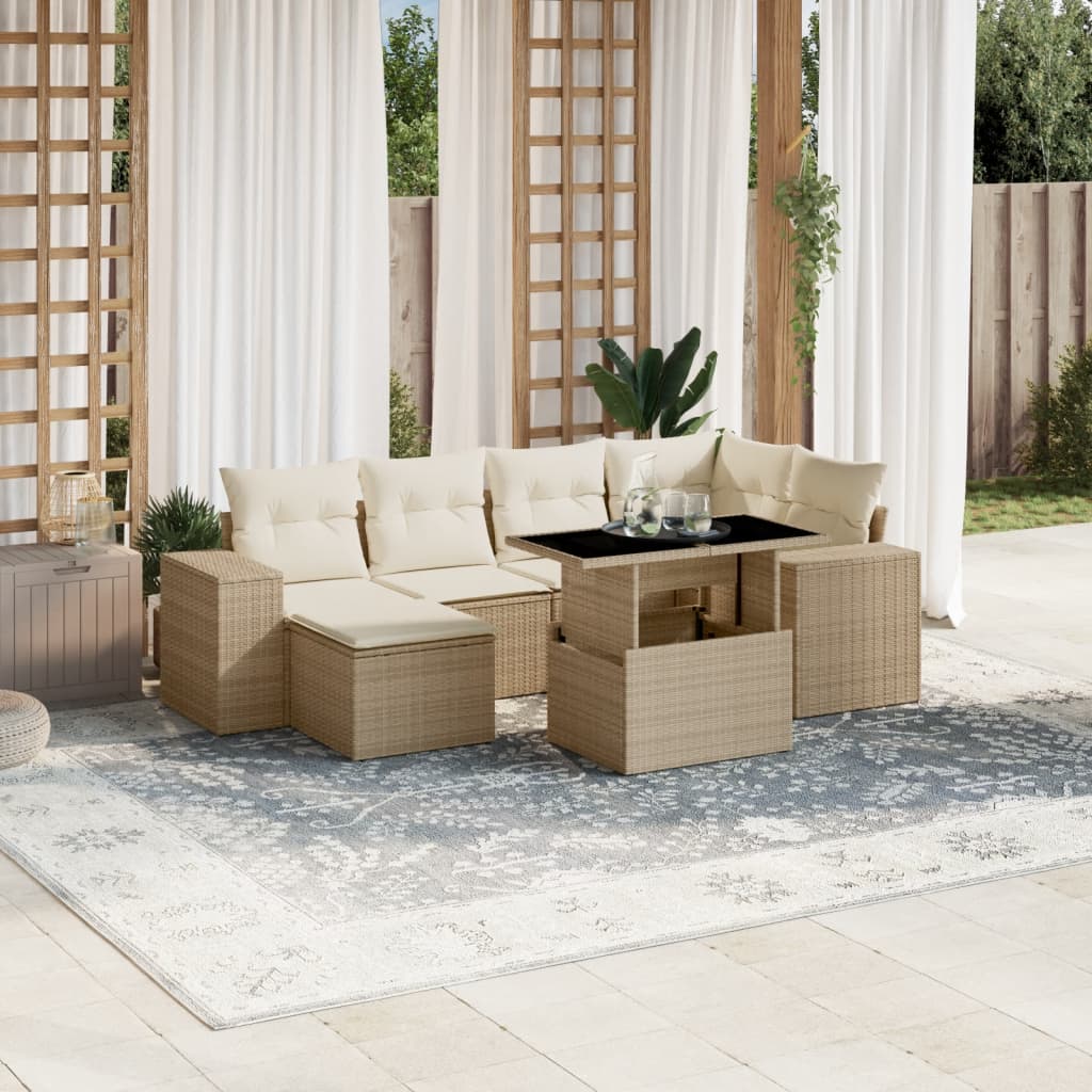 Set canapele de gradina, 7 piese, cu perne, bej, poliratan — imaginea 2