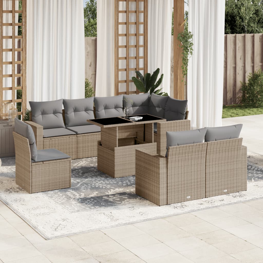 Set canapele de gradina, 9 piese, cu perne, bej, poliratan — imaginea 2