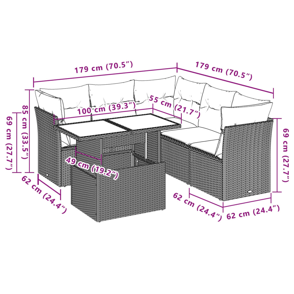 Set canapele de gradina cu perne, 6 piese, maro, poliratan — imaginea 9