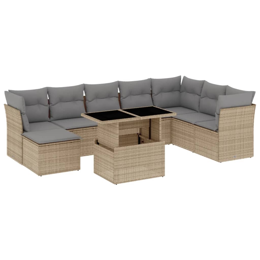 Set canapele de gradina, 9 piese, cu perne, bej, poliratan