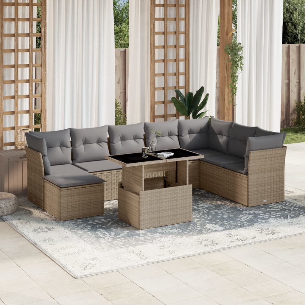 Set canapele de gradina, 9 piese, cu perne, bej, poliratan — imaginea 2