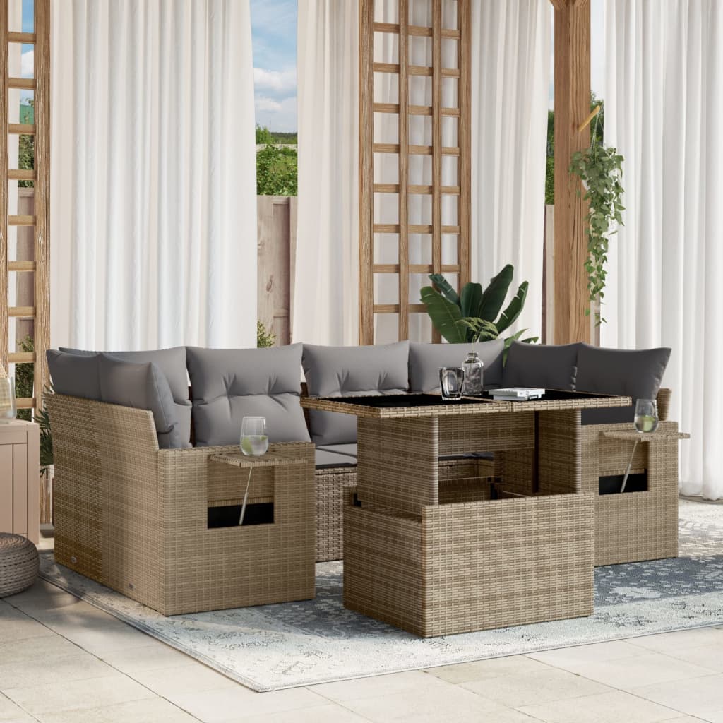 Set canapele de gradina, 7 piese, cu perne, bej, poliratan — imaginea 2
