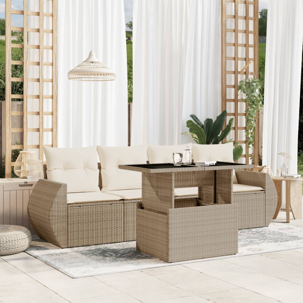 Set canapele de gradina cu perne, 5 piese, bej, poliratan — imaginea 3