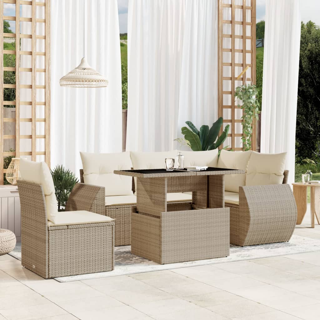 Set canapele de gradina cu perne, 6 piese, bej, poliratan — imaginea 2