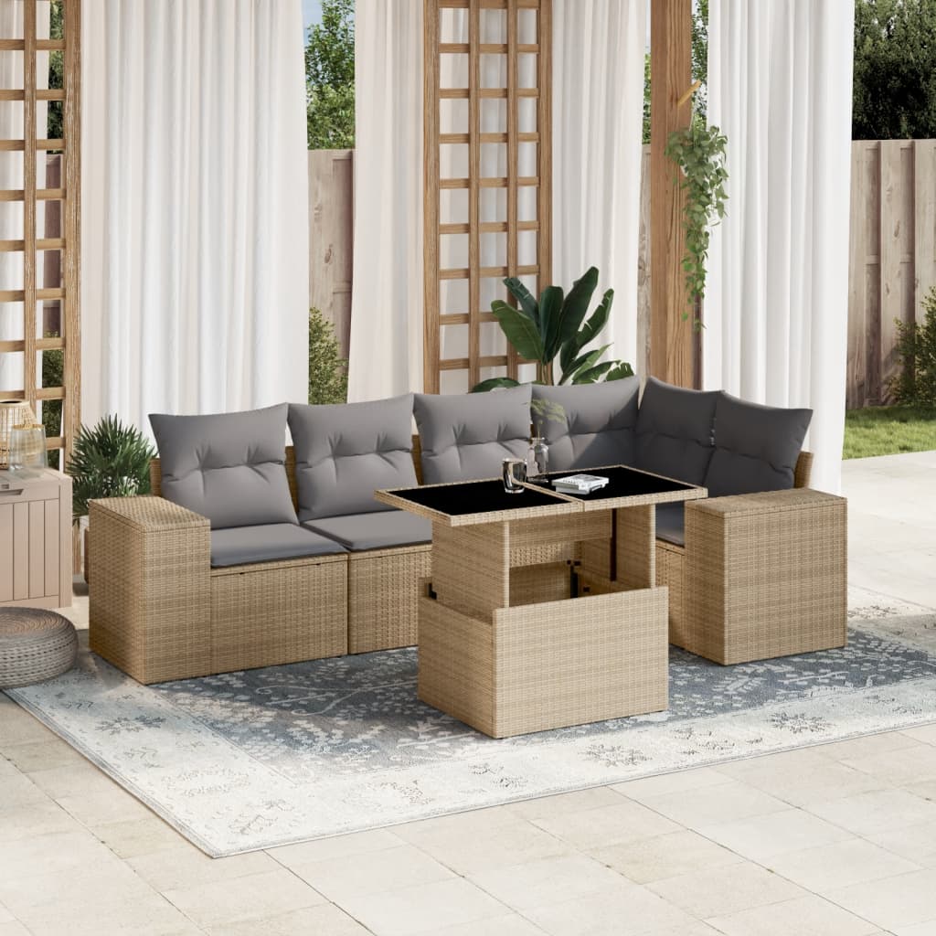 Set canapele de gradina cu perne, 6 piese, bej, poliratan — imaginea 2