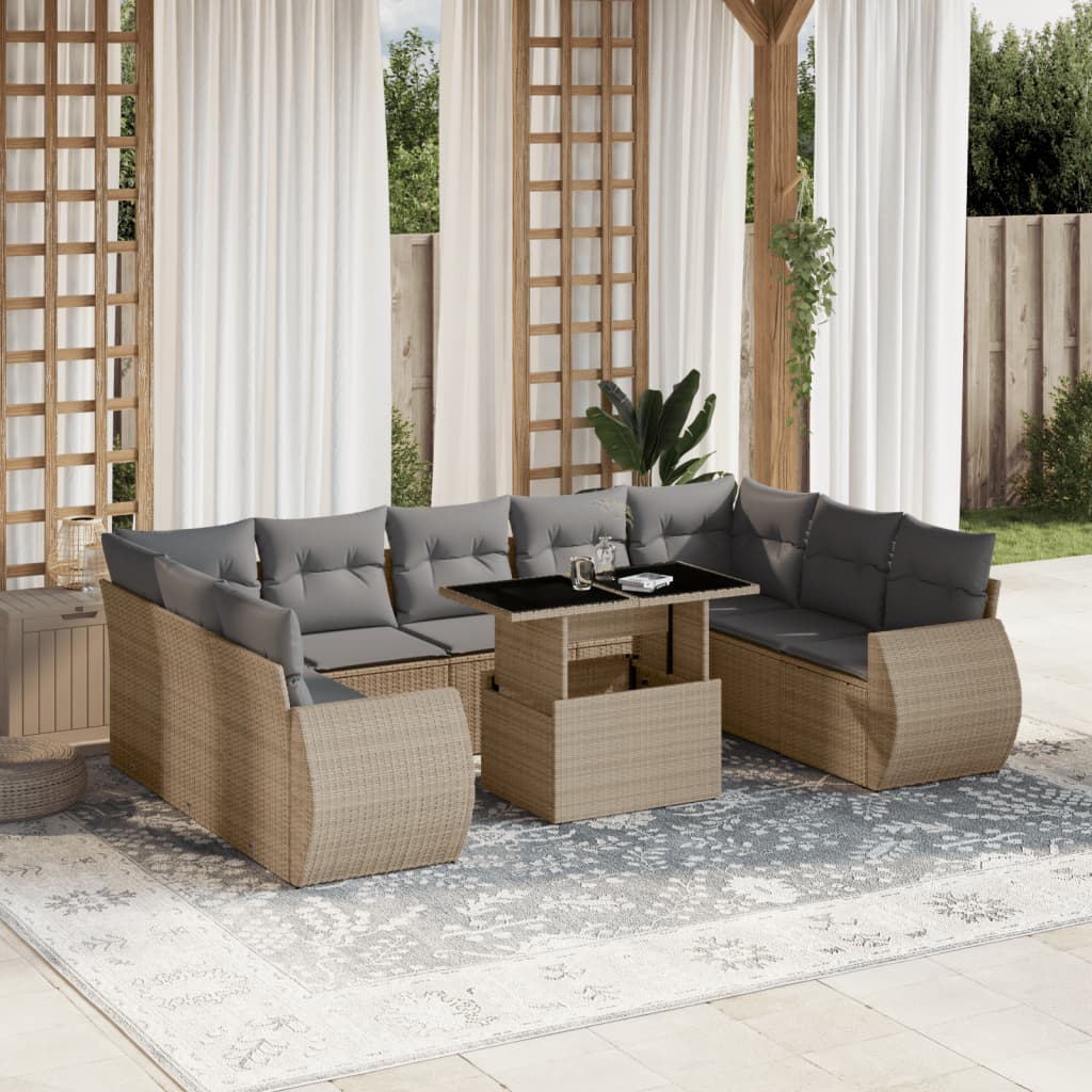 Set canapele de gradina cu perne, 10 piese, bej, poliratan — imaginea 2