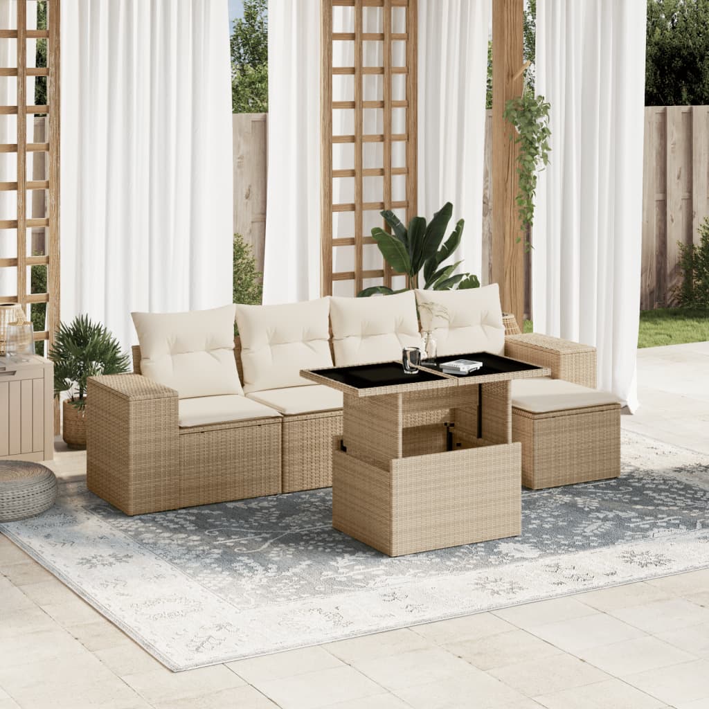 Set canapele de gradina cu perne, 6 piese, bej, poliratan — imaginea 2