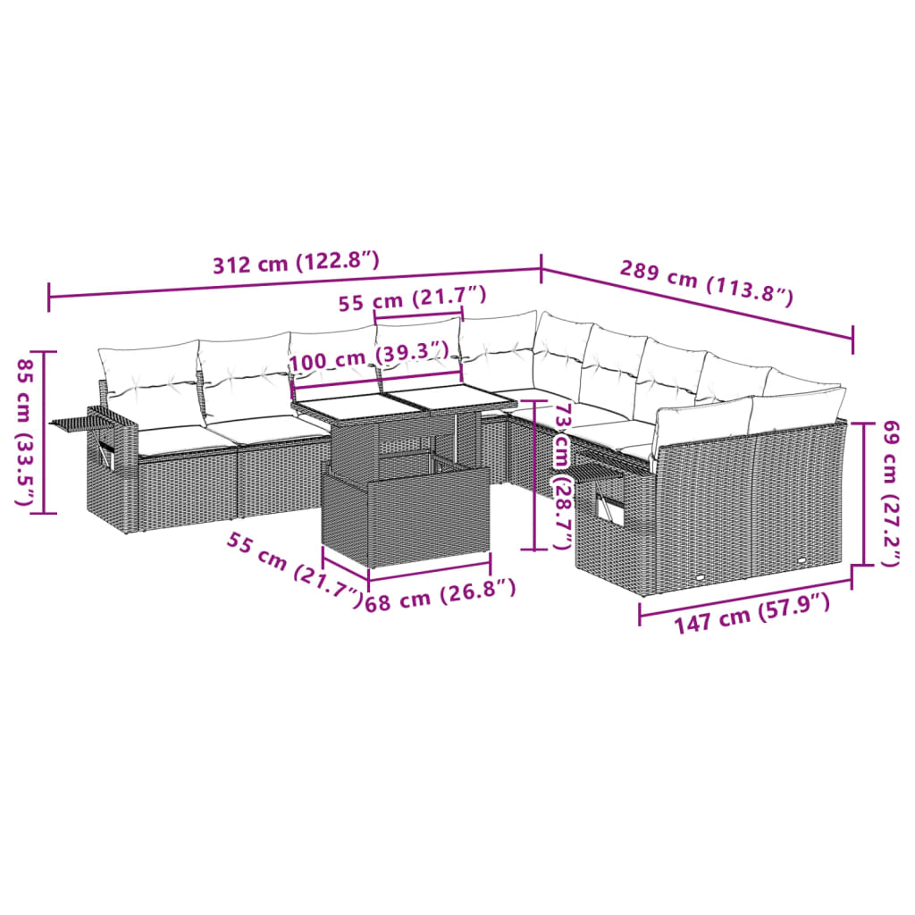 Set canapele de gradina cu perne, 11 piese, maro, poliratan — imaginea 11