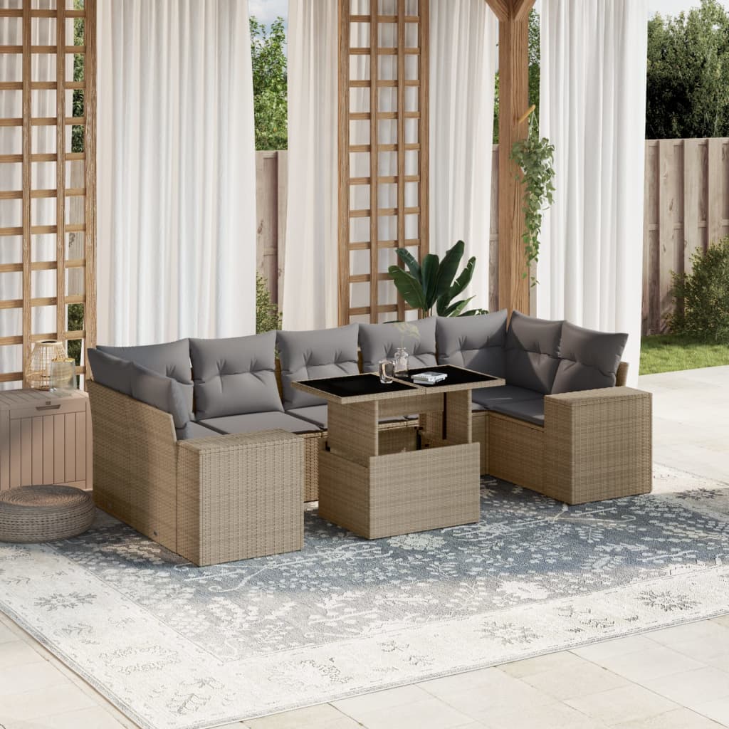 Set canapele de gradina, 8 piese, cu perne, bej, poliratan — imaginea 2