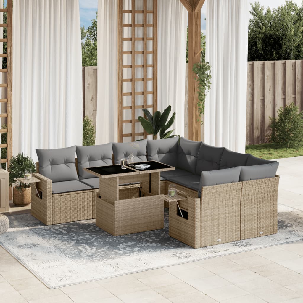 Set canapele de gradina, 9 piese, cu perne, bej, poliratan — imaginea 2