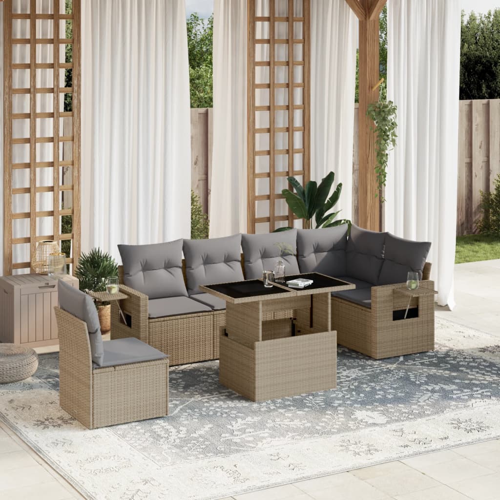 Set canapele de gradina, 7 piese, cu perne, bej, poliratan — imaginea 2
