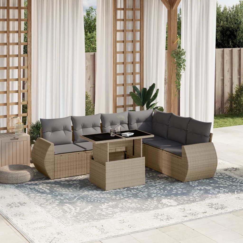 Set canapele de gradina, 7 piese, cu perne, bej, poliratan — imaginea 2