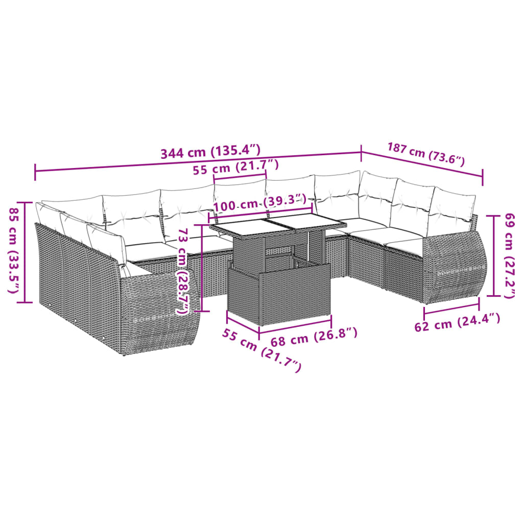 Set canapele de gradina cu perne, 11 piese, bej, poliratan — imaginea 10