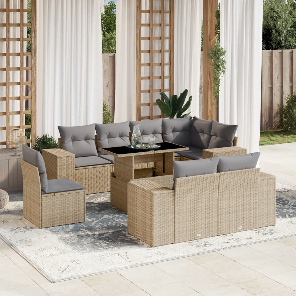 Set canapele de gradina, 9 piese, cu perne, bej, poliratan — imaginea 2