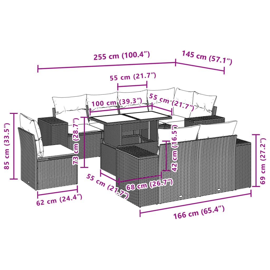 Set canapele de gradina, 9 piese, cu perne, bej, poliratan — imaginea 10