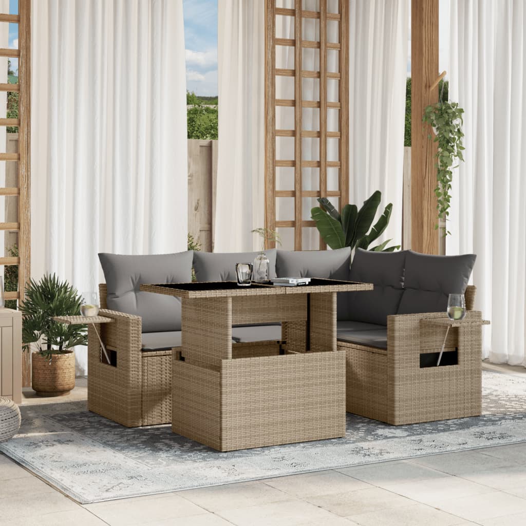 Set canapele de gradina cu perne, 5 piese, bej, poliratan — imaginea 2