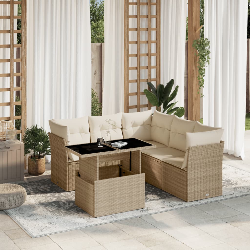 Set canapele de gradina cu perne, 6 piese, bej, poliratan — imaginea 2