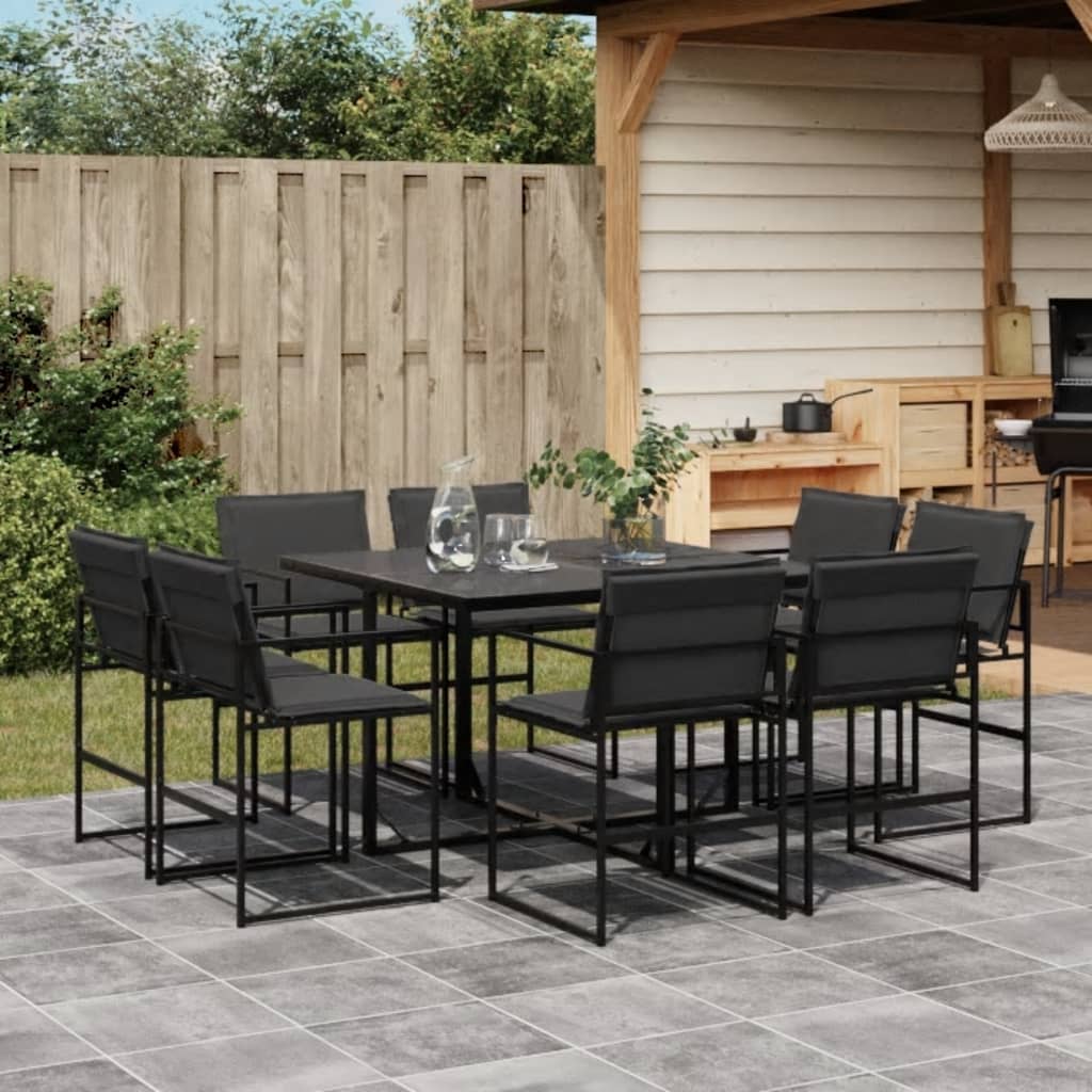 Set mobilier de gradina, 9 piese, cu perne, negru, textilena — imaginea 2