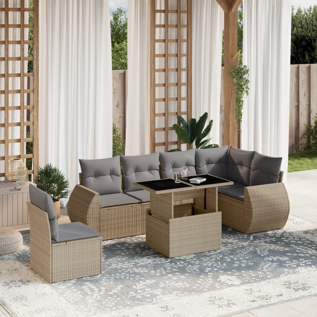 Set canapele de gradina, 7 piese, cu perne, bej, poliratan — imaginea 2