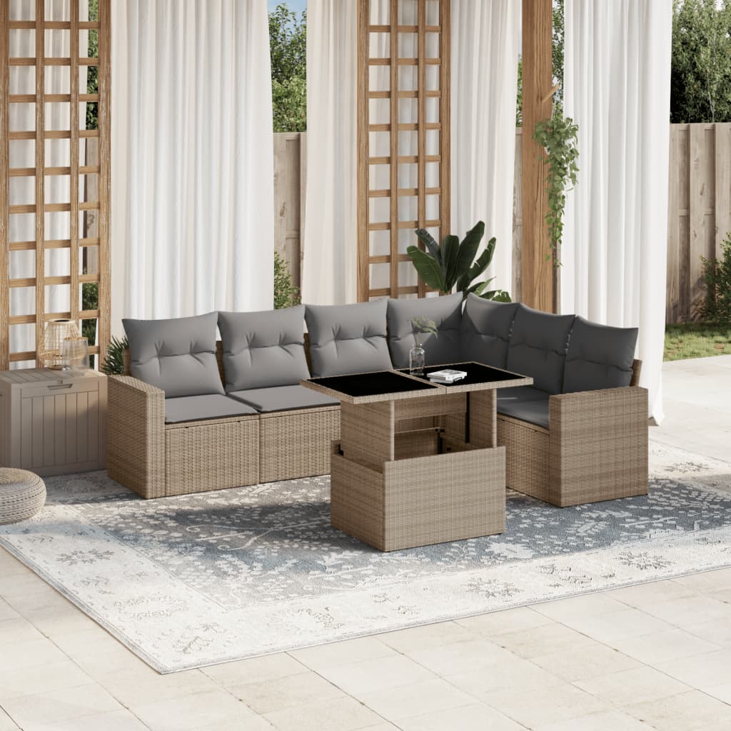 Set canapele de gradina, 7 piese, cu perne, bej, poliratan — imaginea 2