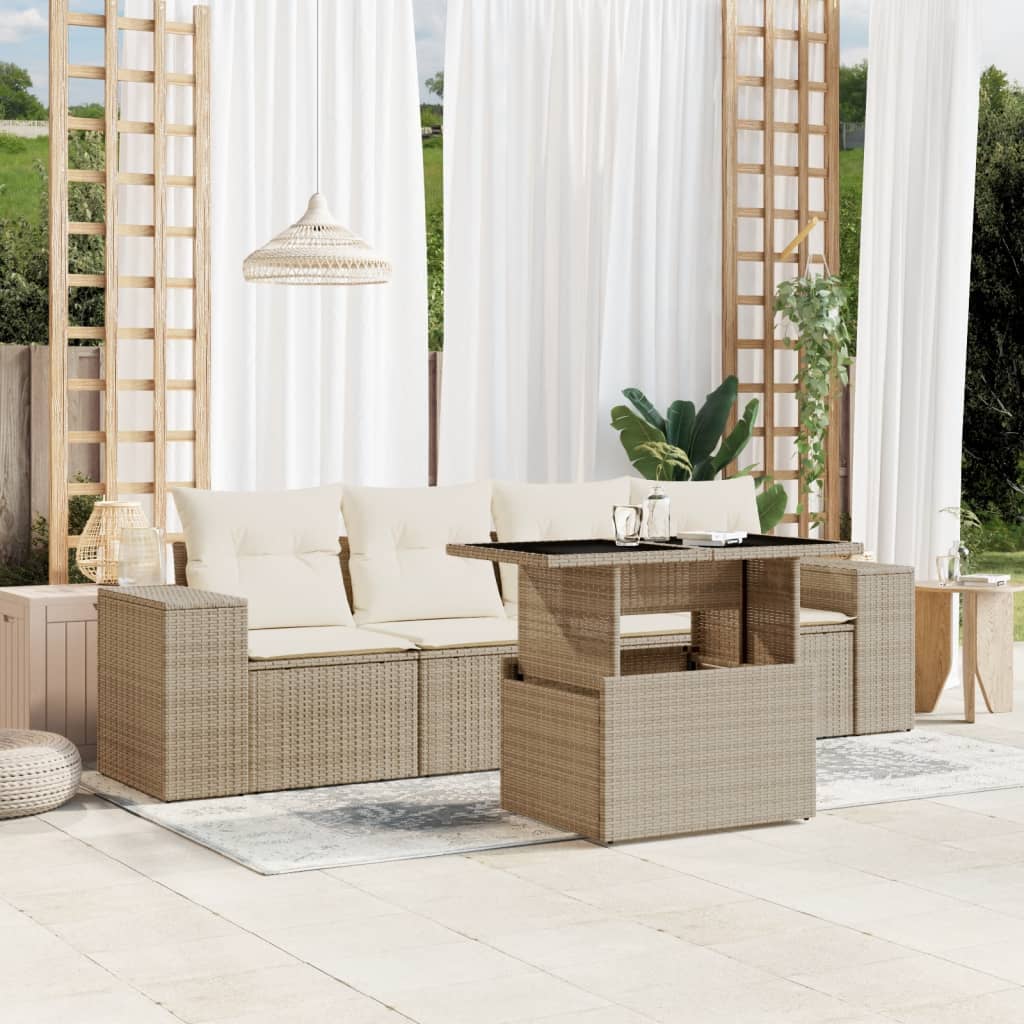 Set canapele de gradina cu perne, 5 piese, bej, poliratan — imaginea 2