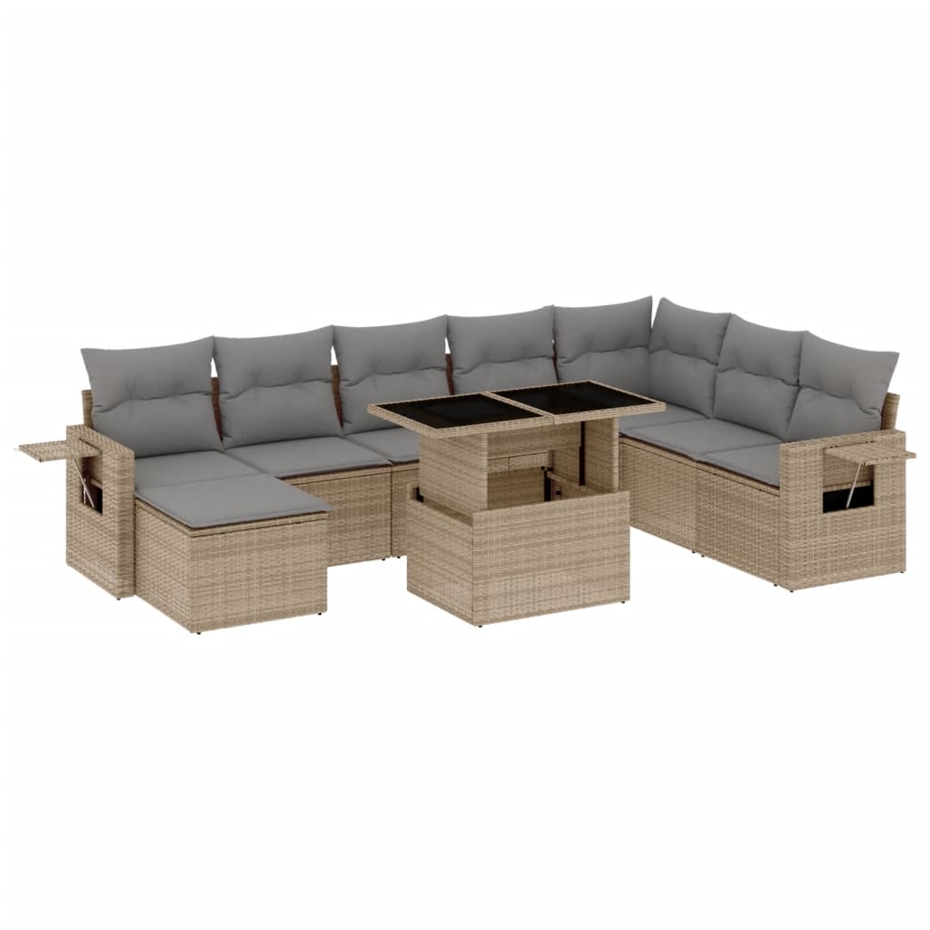 Set canapele de gradina, 9 piese, cu perne, bej, poliratan