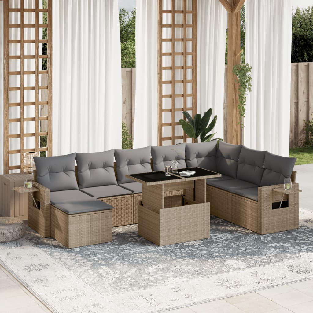Set canapele de gradina, 9 piese, cu perne, bej, poliratan — imaginea 2