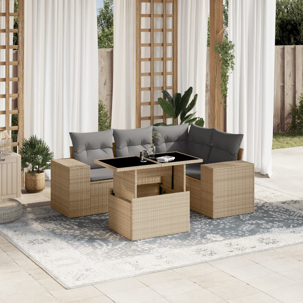 Set canapele de gradina cu perne, 5 piese, bej, poliratan — imaginea 2
