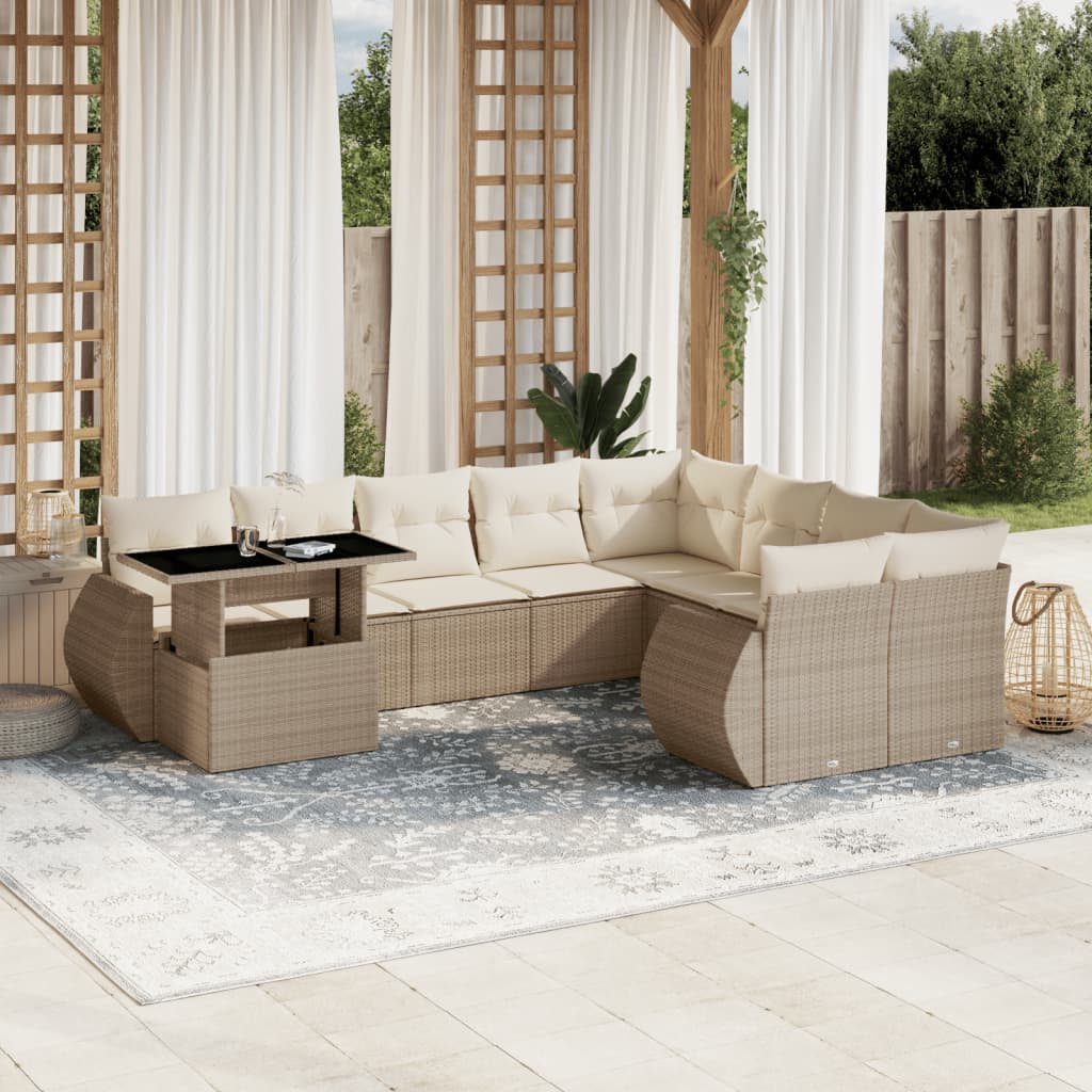Set canapele de gradina cu perne, 10 piese, bej, poliratan — imaginea 2