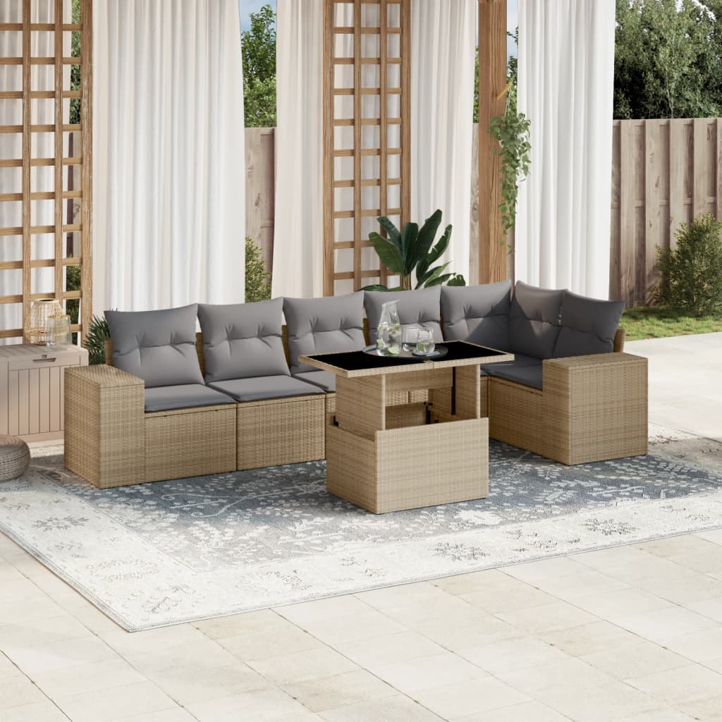 Set canapele de gradina, 7 piese, cu perne, bej, poliratan — imaginea 2