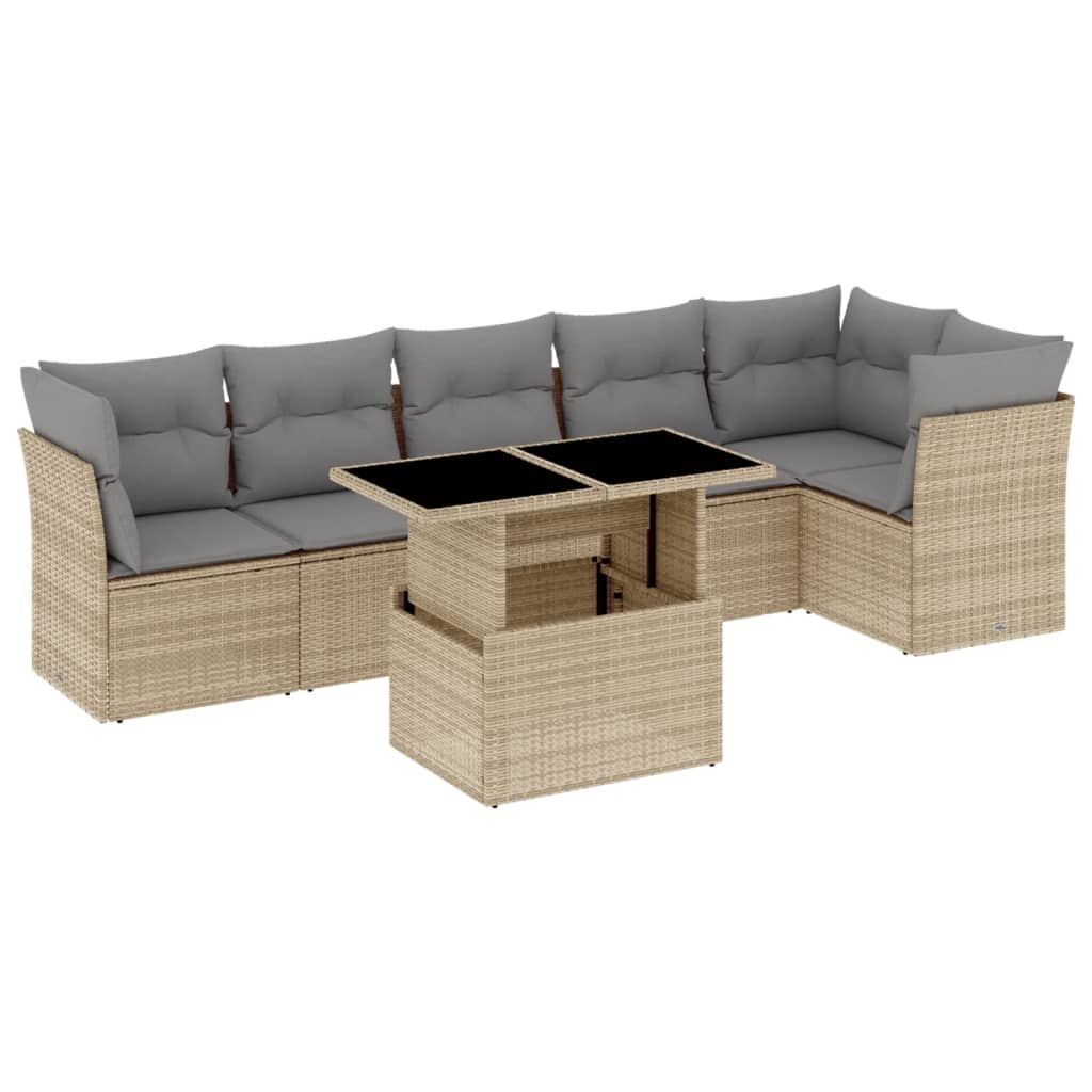 Set canapele de gradina, 7 piese, cu perne, bej, poliratan