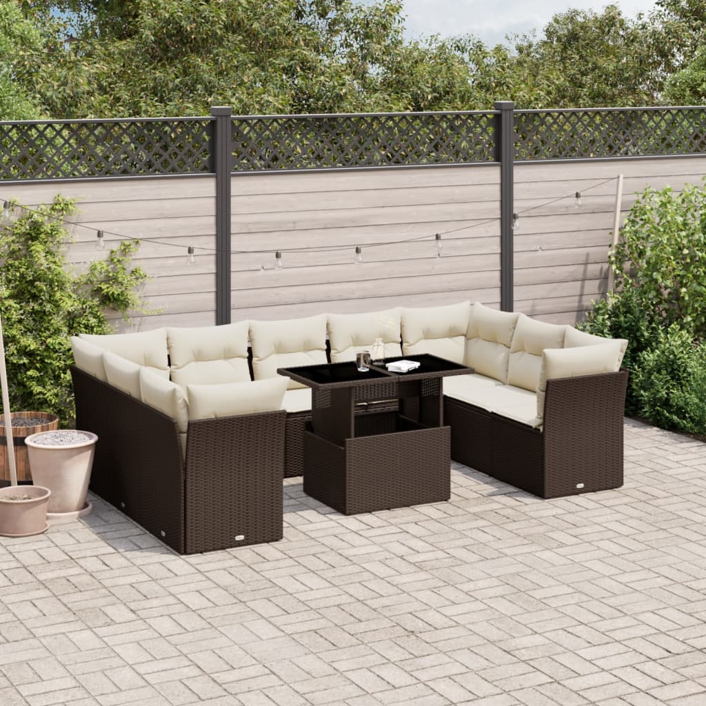 Set canapele de gradina cu perne, 10 piese, maro, poliratan — imaginea 2