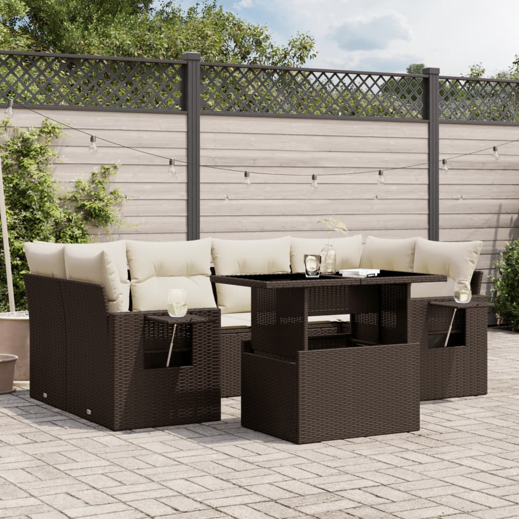 Set canapele de gradina cu perne, 7 piese, maro, poliratan — imaginea 2