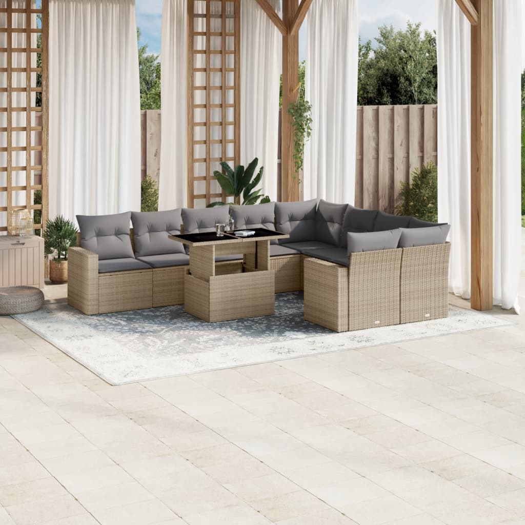 Set canapele de gradina cu perne, 10 piese, bej, poliratan — imaginea 2