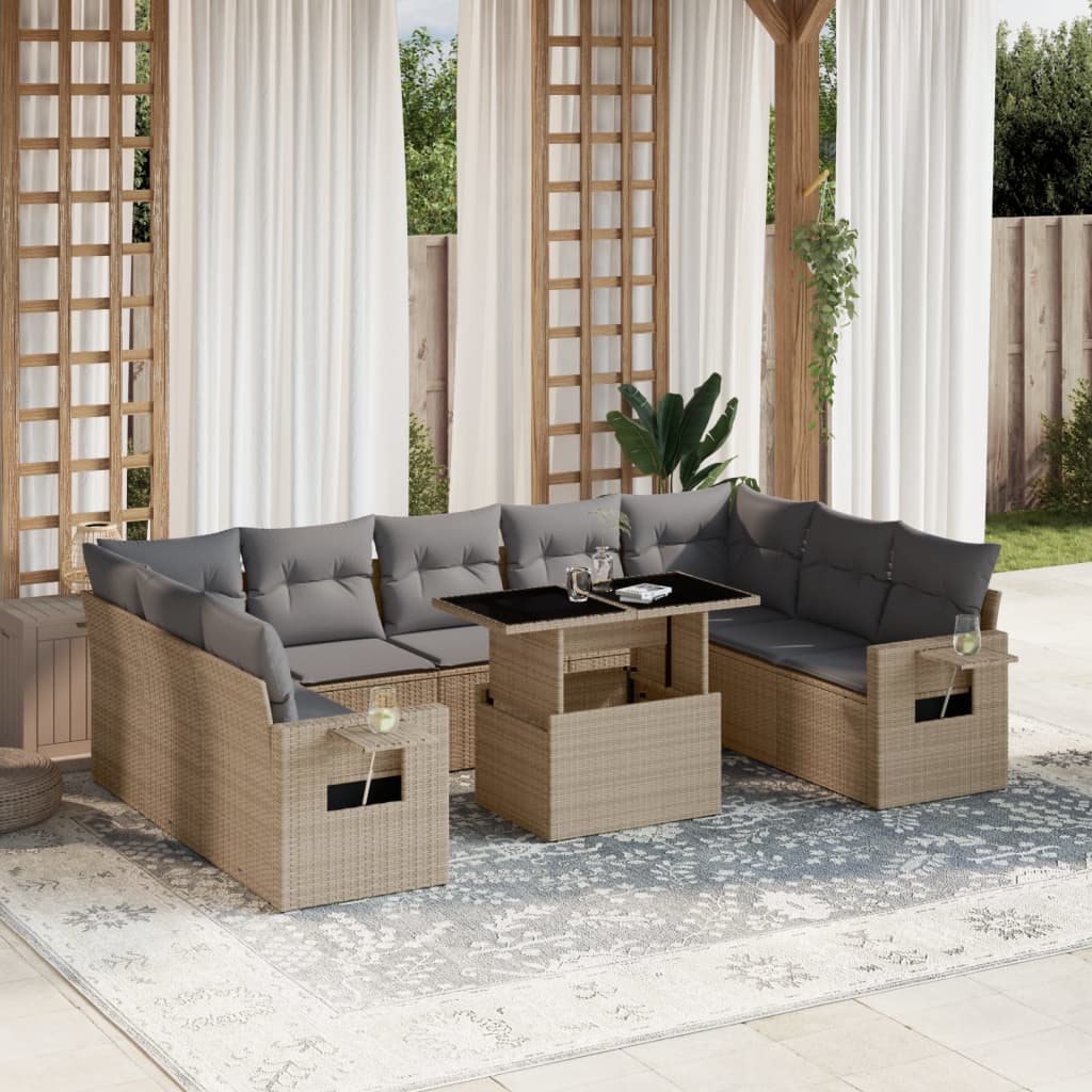 Set canapele de gradina cu perne, 10 piese, bej, poliratan — imaginea 2