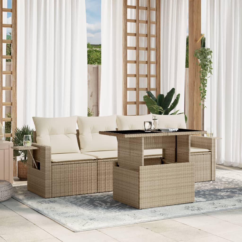 Set canapele de gradina cu perne, 5 piese, bej, poliratan — imaginea 2