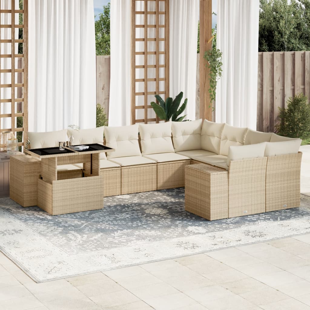 Set canapele de gradina cu perne, 10 piese, bej, poliratan — imaginea 2