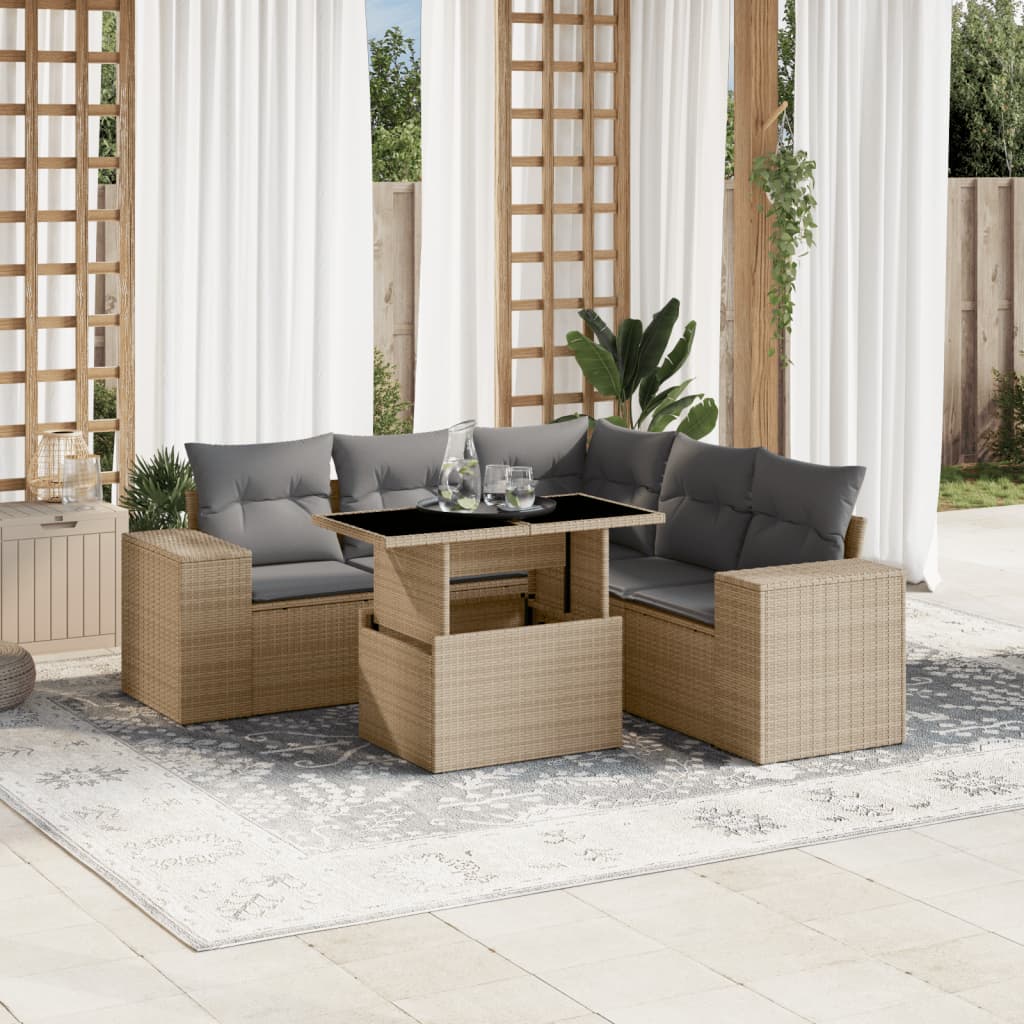 Set canapele de gradina cu perne, 6 piese, bej, poliratan — imaginea 2